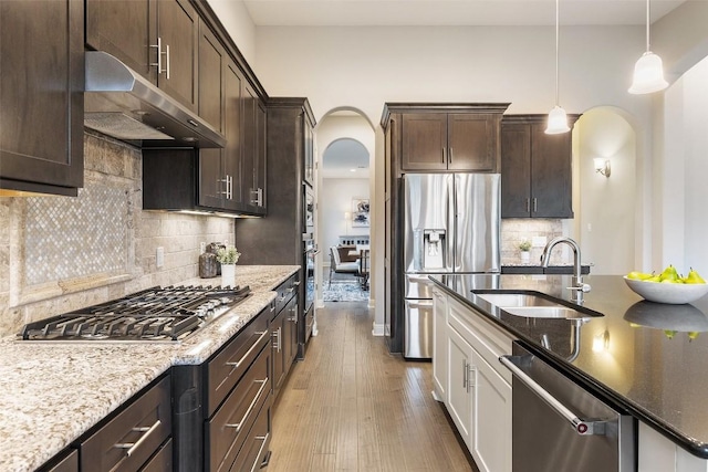 kitchen with white cabinetry, sink, light hardwood / wood-style floors, stainless steel appliances, and dark brown cabinets