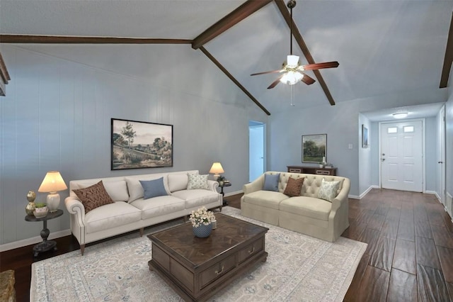 living room with beamed ceiling, ceiling fan, dark hardwood / wood-style floors, and high vaulted ceiling