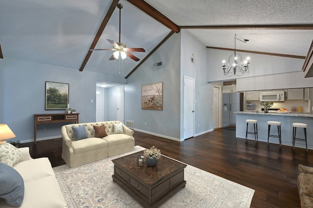 living room with dark wood-type flooring, high vaulted ceiling, a textured ceiling, beamed ceiling, and ceiling fan with notable chandelier