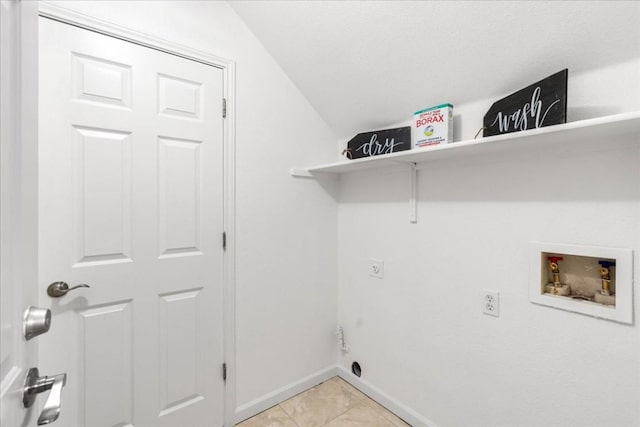 311 Juniper Dr, Georgetown, TX 78626 - clothes washing area with washer hookup, laundry area, electric dryer hookup, baseboards, and light tile patterned flooring