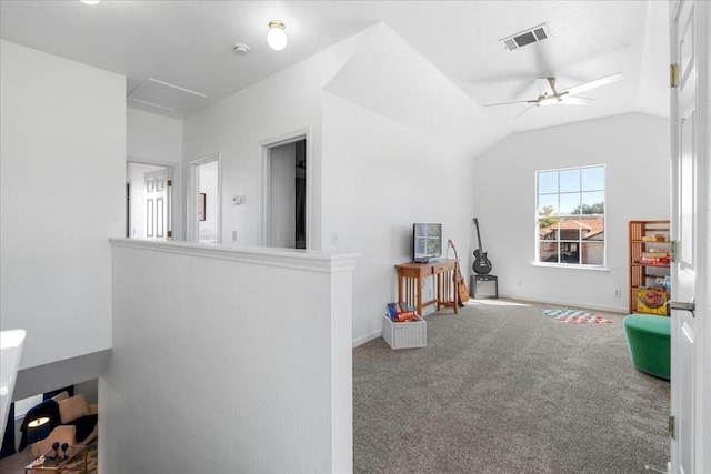 game room featuring lofted ceiling, carpet, and ceiling fan