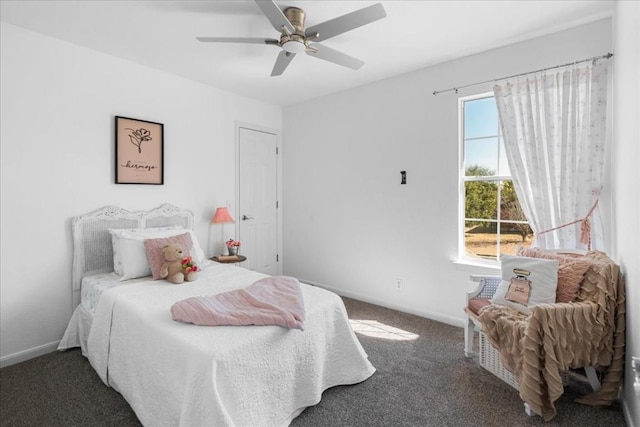 carpeted bedroom with ceiling fan