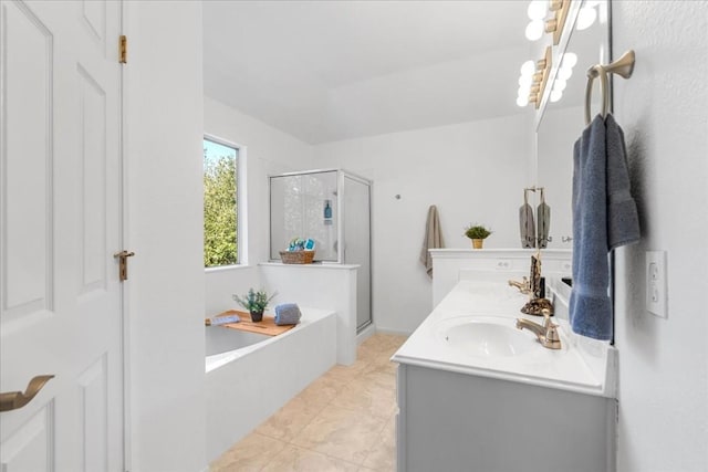 bathroom featuring plus walk in shower and vanity