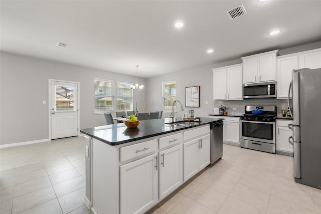 kitchen featuring sink, appliances with stainless steel finishes, white cabinetry, hanging light fixtures, and a center island with sink