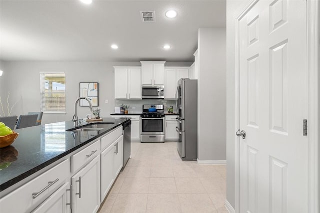 kitchen featuring white cabinetry, sink, dark stone counters, light tile patterned floors, and stainless steel appliances