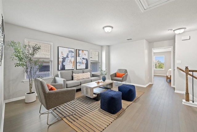 living room featuring wood-type flooring and a textured ceiling