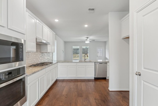 kitchen with appliances with stainless steel finishes, sink, white cabinets, light stone counters, and dark wood-type flooring