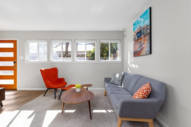 living room with a wealth of natural light and light hardwood / wood-style floors