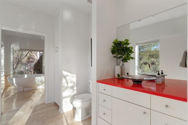 bathroom featuring vanity, a tub, wood-type flooring, and toilet