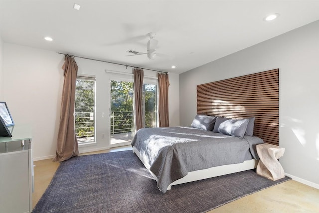 carpeted bedroom featuring access to outside and ceiling fan