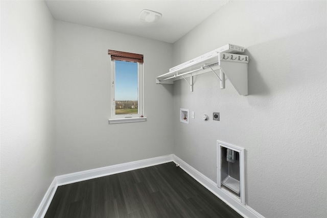 laundry room with dark hardwood / wood-style flooring, hookup for a gas dryer, hookup for a washing machine, and electric dryer hookup