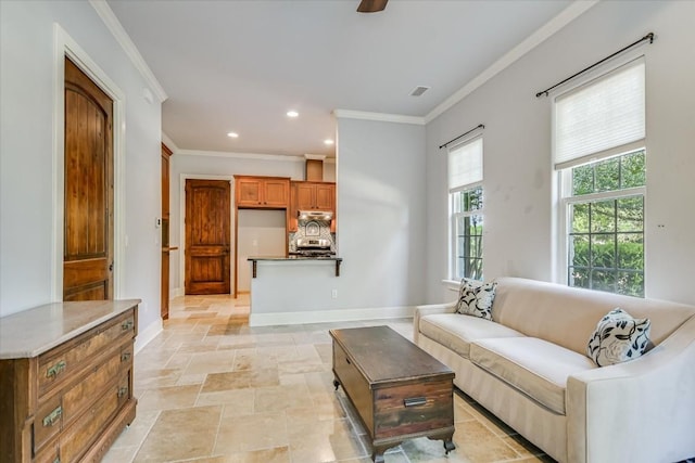 living room featuring ornamental molding