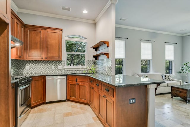 kitchen with stainless steel appliances, sink, decorative backsplash, and kitchen peninsula