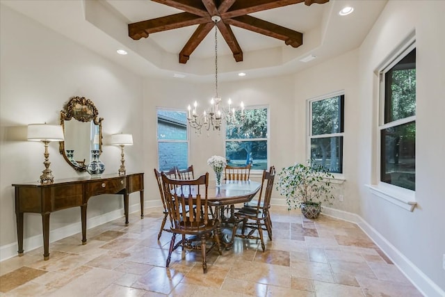 dining room with an inviting chandelier, a tray ceiling, and beam ceiling