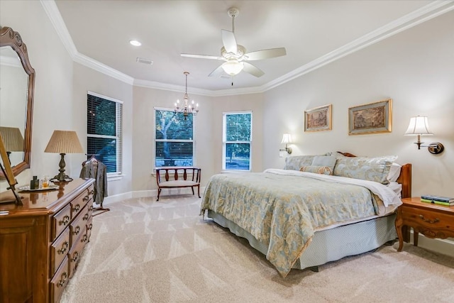 bedroom featuring crown molding, light colored carpet, and a notable chandelier