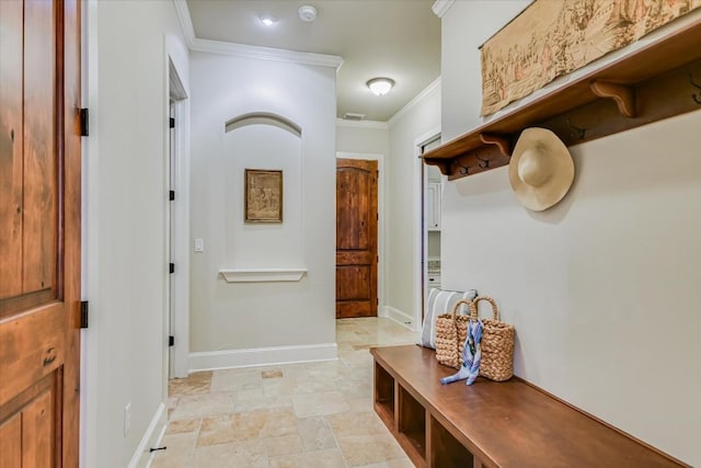 mudroom featuring crown molding