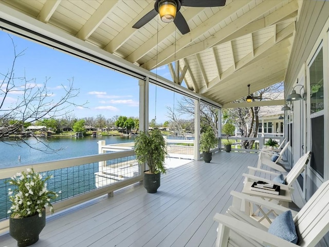 deck featuring ceiling fan and a water view