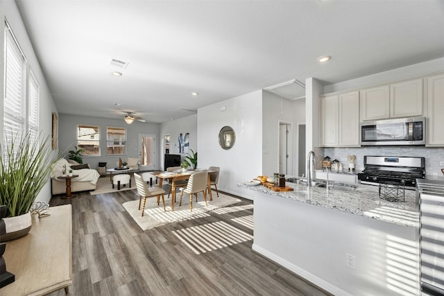 kitchen with light stone counters, wood finished floors, a sink, stainless steel appliances, and backsplash