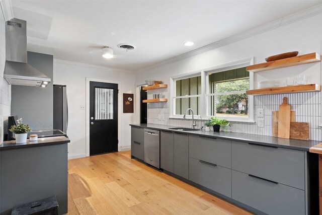 kitchen with appliances with stainless steel finishes, island range hood, sink, gray cabinetry, and crown molding