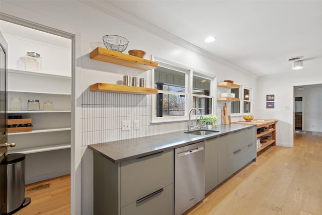 1802 Hutto Rd, Georgetown, TX 78626 - kitchen with stainless steel dishwasher, a sink, open shelves, modern cabinets, and gray cabinetry