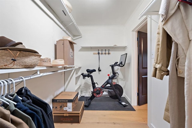 interior space with ornamental molding and hardwood / wood-style floors