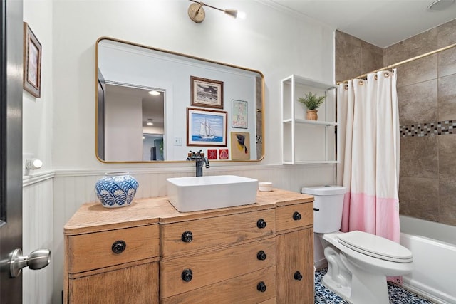1802 Hutto Rd, Georgetown, TX 78626 - bathroom featuring vanity, toilet, a wainscoted wall, and shower / bath combination with curtain