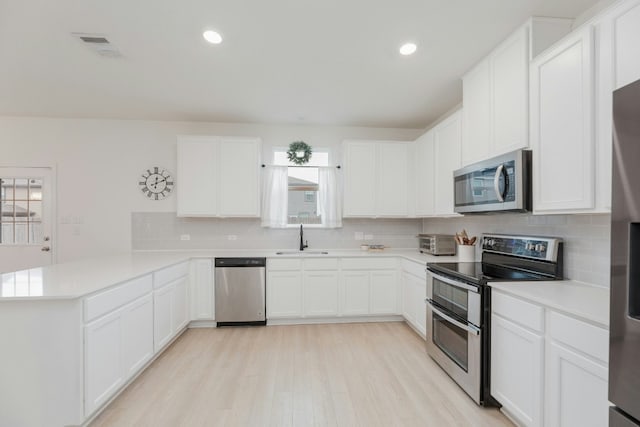 kitchen featuring sink, white cabinetry, stainless steel appliances, light hardwood / wood-style floors, and kitchen peninsula