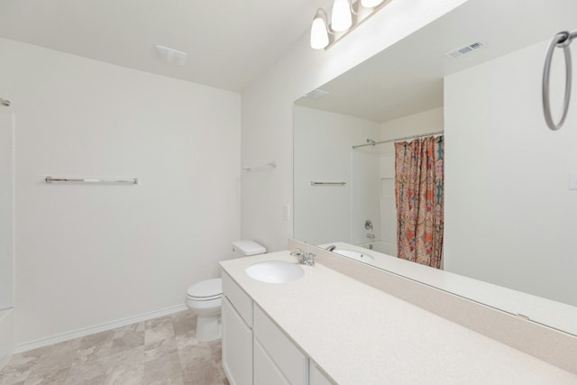 full bathroom with vanity, toilet, and shower / bath combo with shower curtain