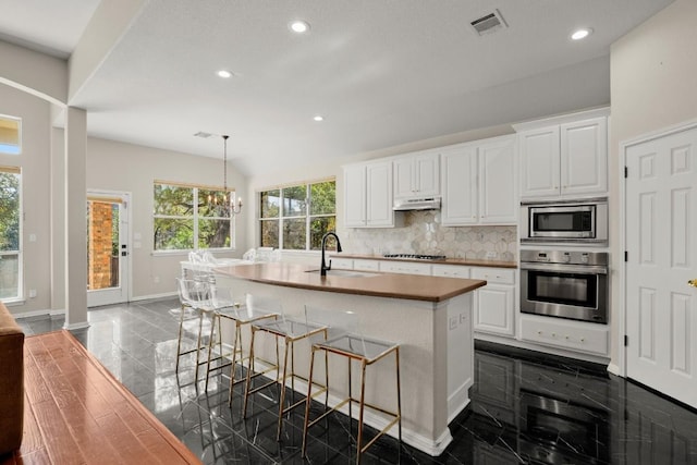 kitchen featuring appliances with stainless steel finishes, sink, a center island with sink, and white cabinets