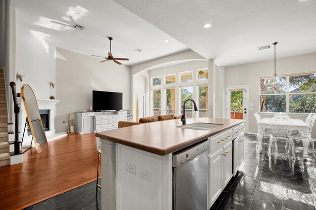 7017 Viridian Ln, Austin, TX 78739 - kitchen with stainless steel dishwasher, a sink, white cabinetry, a fireplace with raised hearth, and a center island with sink