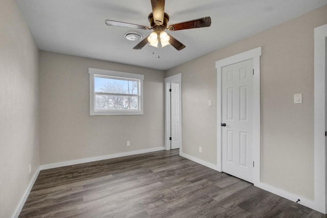 unfurnished bedroom with hardwood / wood-style flooring and ceiling fan