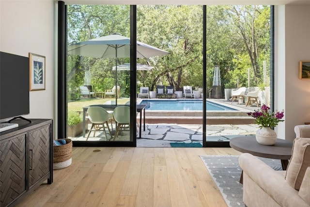 doorway featuring hardwood / wood-style flooring and a wall of windows