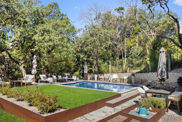 view of pool featuring a patio area and a lawn