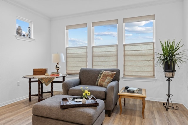 sitting room featuring ornamental molding and light hardwood / wood-style flooring