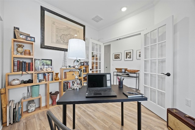 722 Kitty Hawk Rd, Georgetown, TX 78633 - office space with ornamental molding, wood finished floors, french doors, and recessed lighting