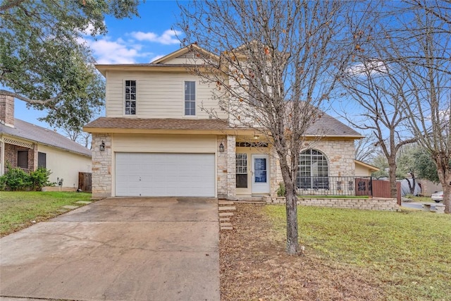 front facade with a garage and a front lawn