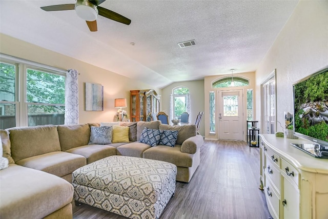 8013 Doe Meadow Dr, Austin, TX 78749 - living room featuring wood finished floors, ceiling fan, a textured ceiling, and lofted ceiling