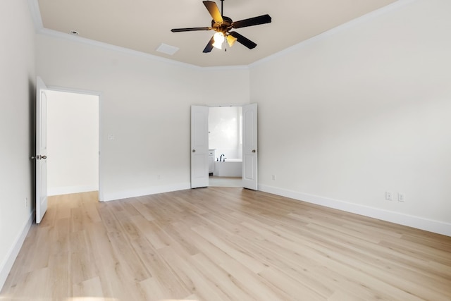 unfurnished room with crown molding, light hardwood / wood-style flooring, and ceiling fan