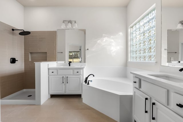 bathroom with vanity, separate shower and tub, and tile patterned flooring