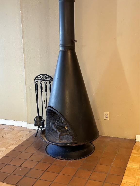 interior details with a wood stove