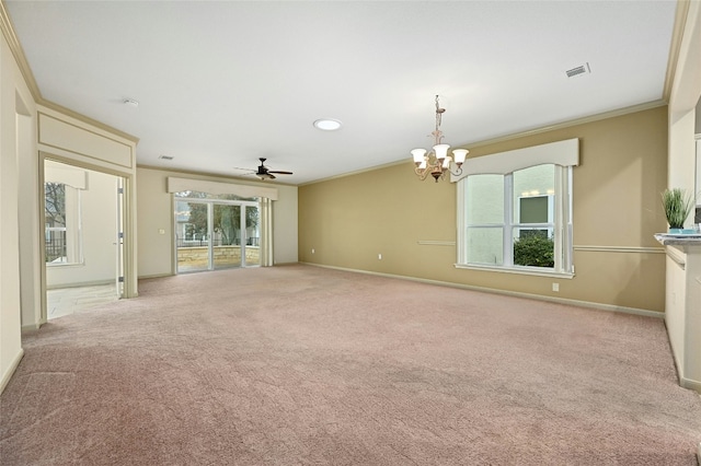 carpeted empty room with crown molding and ceiling fan with notable chandelier