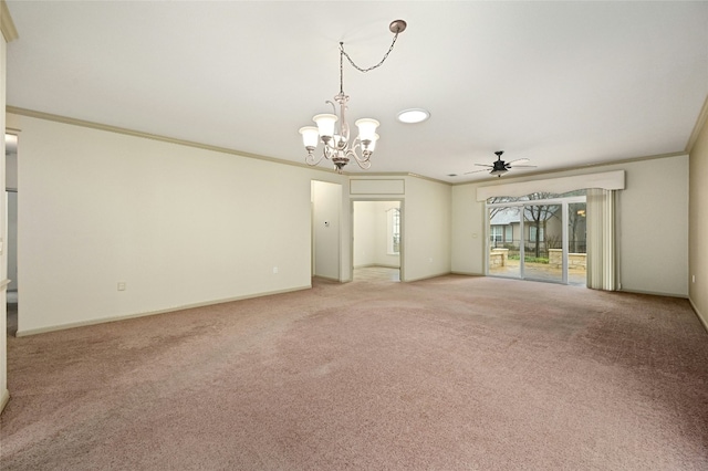 carpeted spare room featuring ornamental molding and ceiling fan with notable chandelier