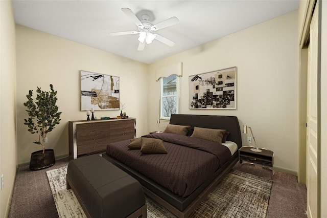 bedroom featuring ceiling fan and carpet