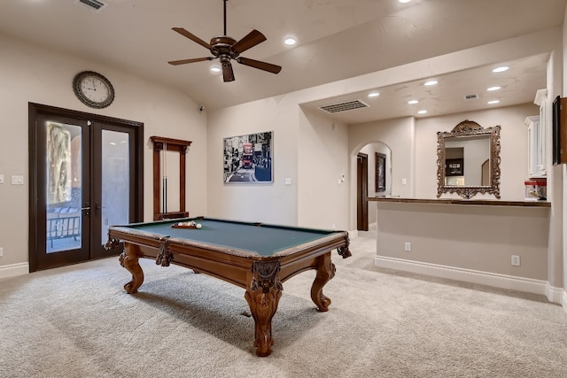 game room featuring french doors, light colored carpet, ceiling fan, and vaulted ceiling