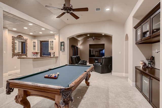 recreation room featuring ceiling fan, lofted ceiling, pool table, and light carpet