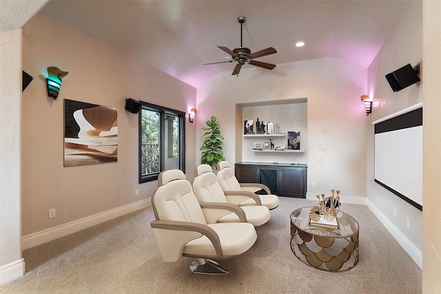 303 Camino Arbolago St, Lakeway, TX 78734 - carpeted home theater room with vaulted ceiling, ceiling fan, and recessed lighting
