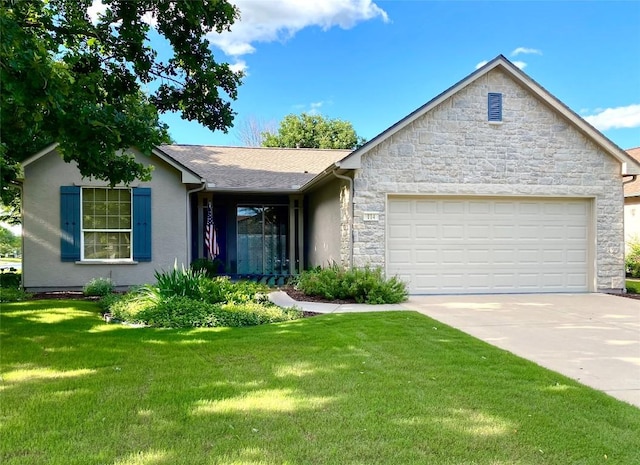 ranch-style house with a garage and a front lawn