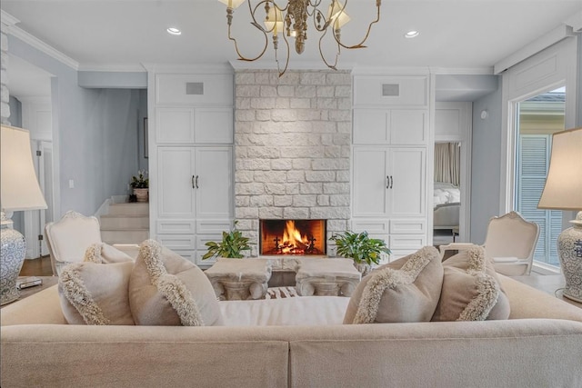 living area with crown molding, a brick fireplace, baseboards, recessed lighting, and a chandelier