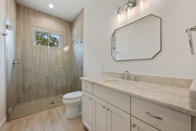 bathroom with toilet, a shower stall, and vanity