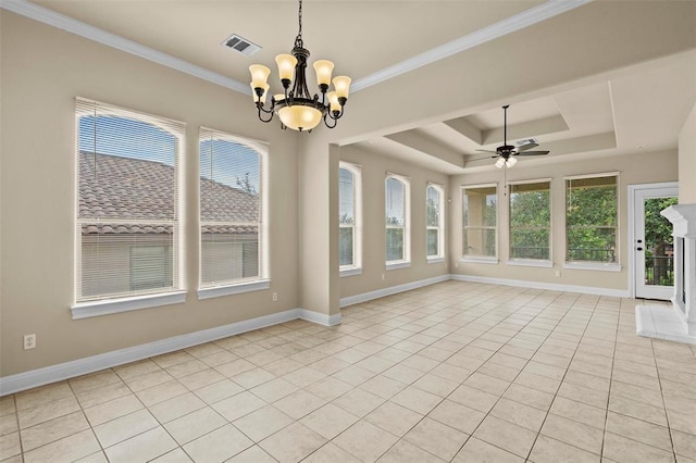 unfurnished sunroom featuring a raised ceiling and ceiling fan with notable chandelier